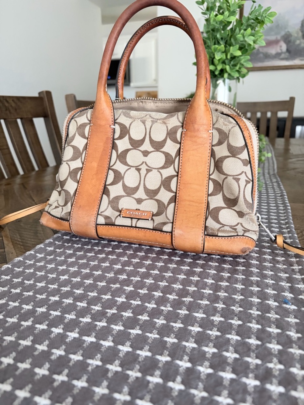 Coach Brown Signature Canvas Satchel with Tan Leather Trim